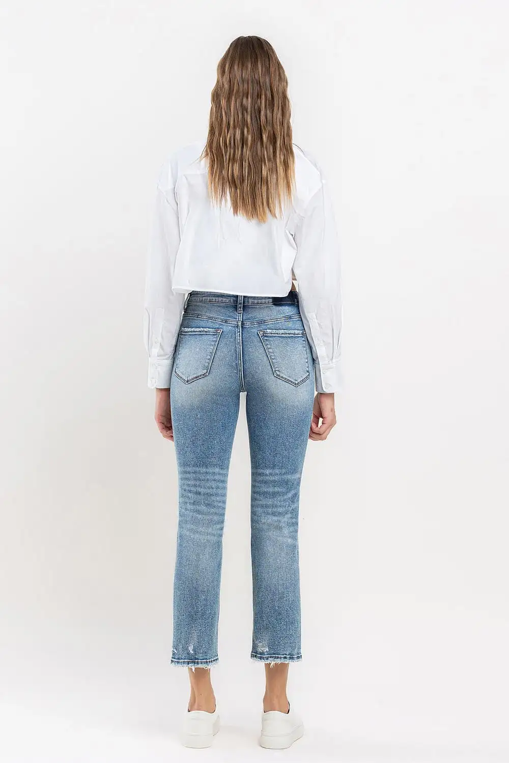 High-Rise Raw-Hem Washed Pocketed Slim Straight Jeans
