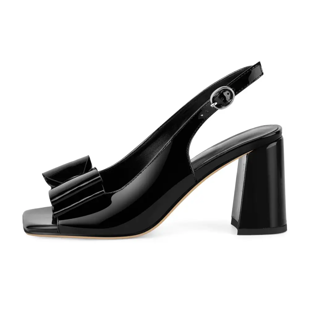Patent Finish Bow Accent Open Toe Chunky Heel Slingback Pumps