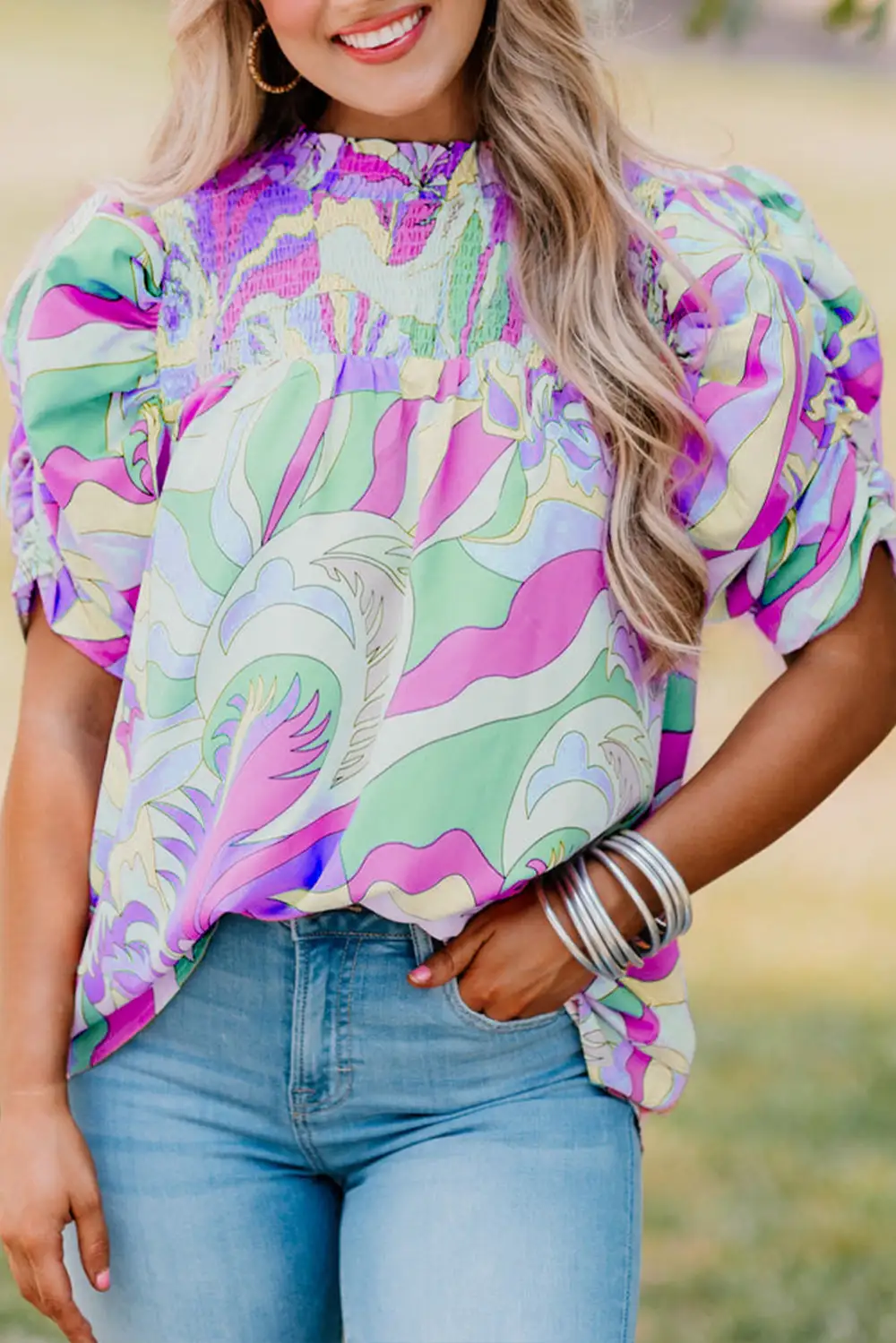 Bubble Sleeve Abstract Print Blouse