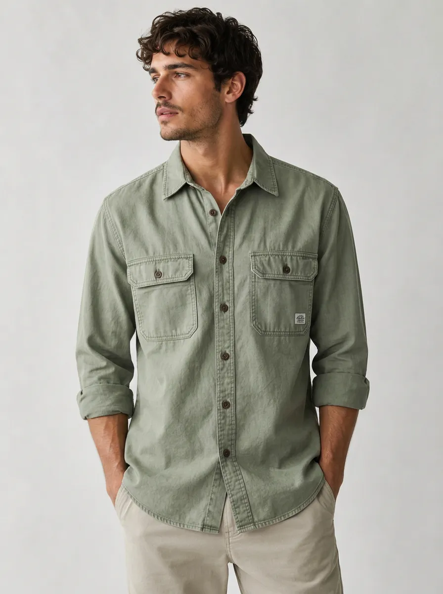 Men's Casual Outdoor Olive Green Double Pocket Button Down Shirt
