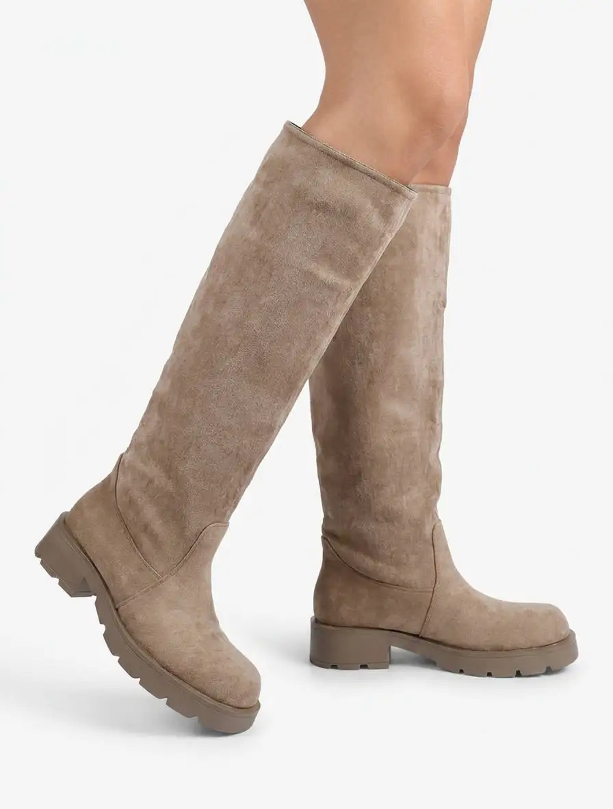 Classic Polished Block Heel Faux Suede Knee High Boots