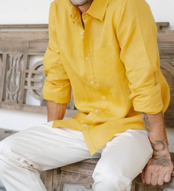 Mustard Linen Button-Up Shirt