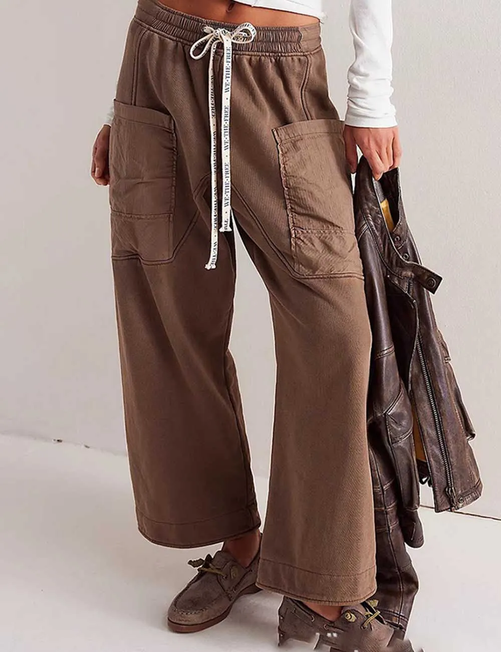 Elastic Waist Drawstring Pocket Straight Leg Denim Pants