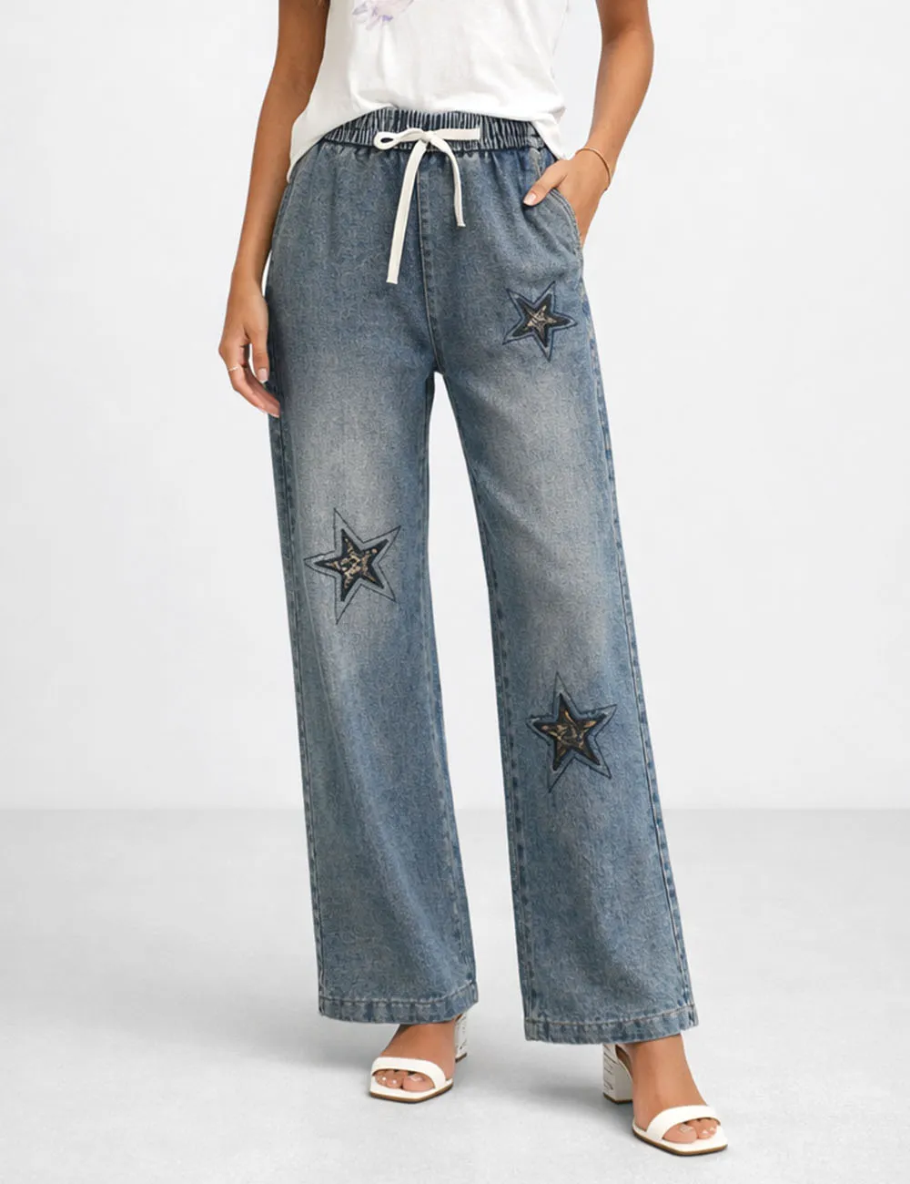 Star Embroidery Elastic Waist Wide Leg Denim Pants