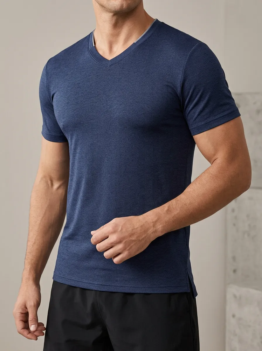 Refined Textured V-Neck Detail Men's Slim Fit Short Sleeve T-Shirt