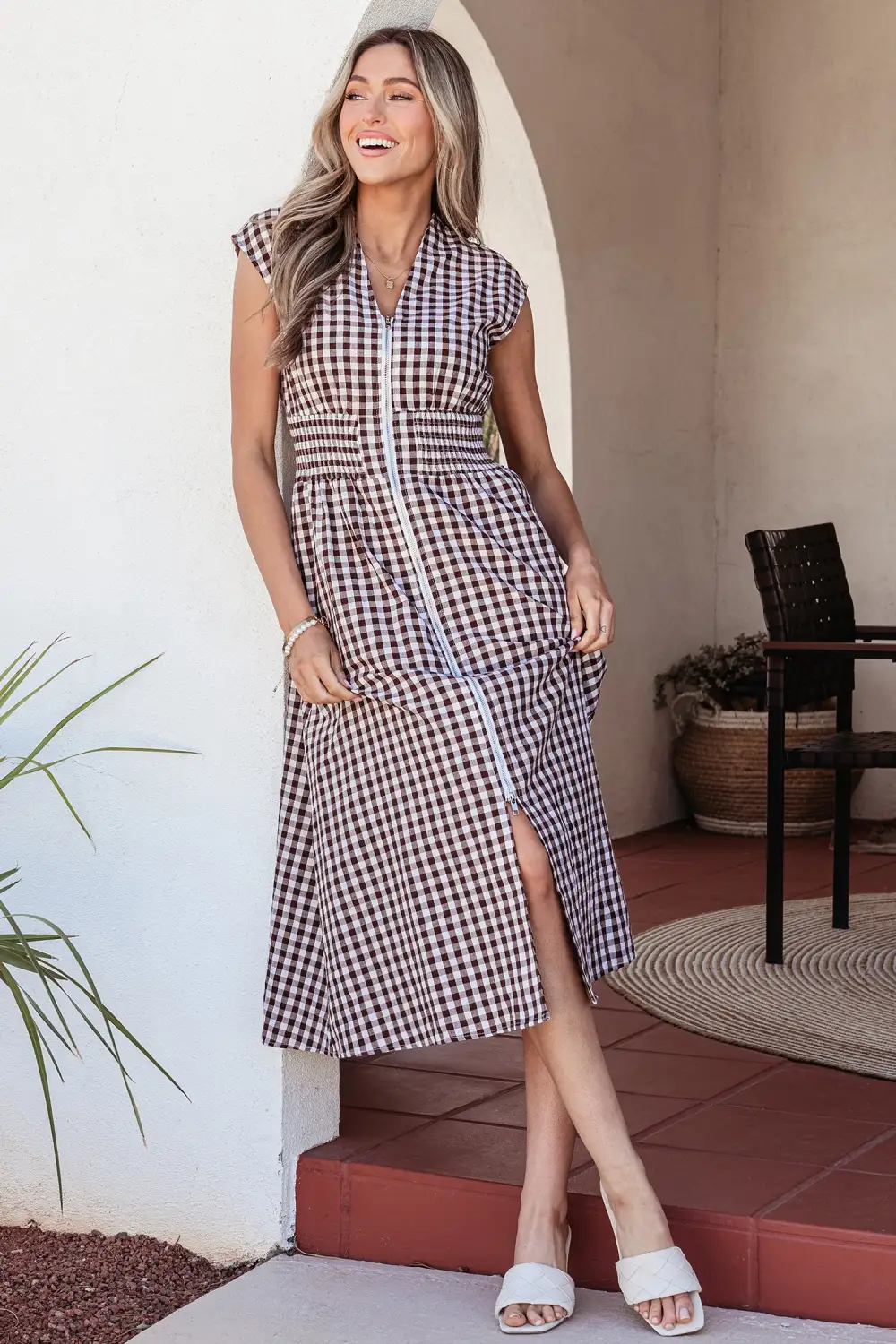 Plaid Printed Zip Front Maxi Dress