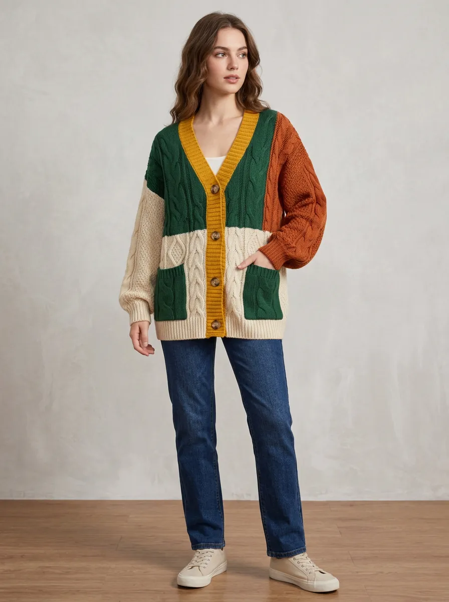 Women's Colorblock Cable Knit Button Up Cardigan