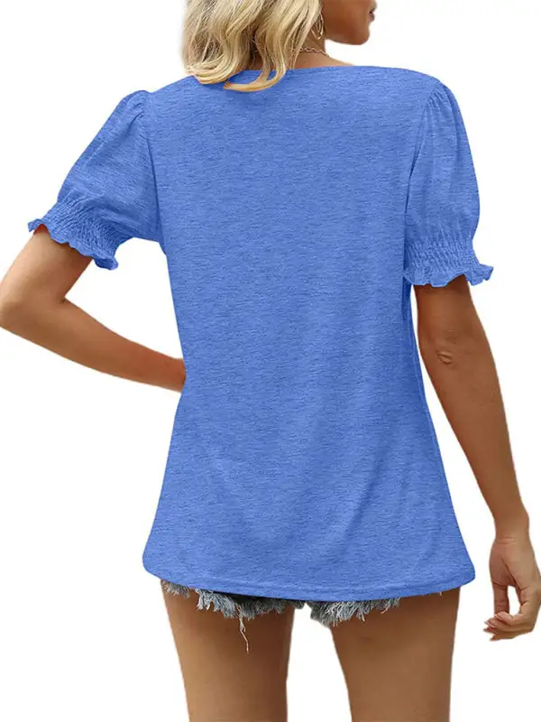 V-Neck Collared Short-Sleeve Puff-Sleeve T-Shirt