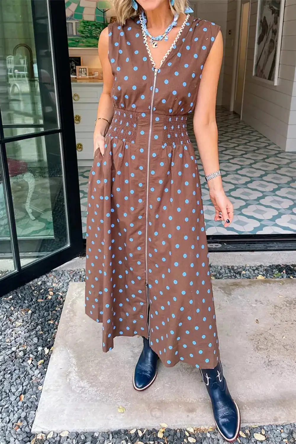Polka Dot Zip Front Midi Dress