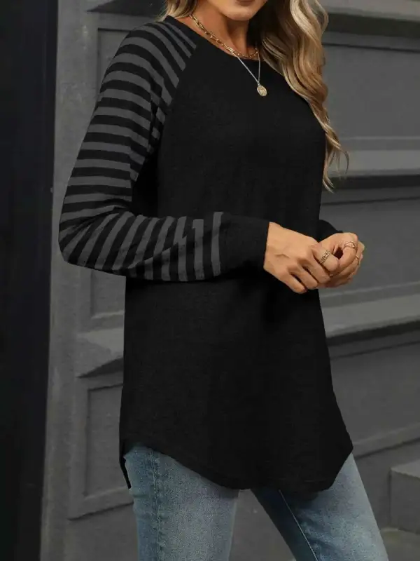 Striped Round Neck Raglan Sleeve T-Shirt
