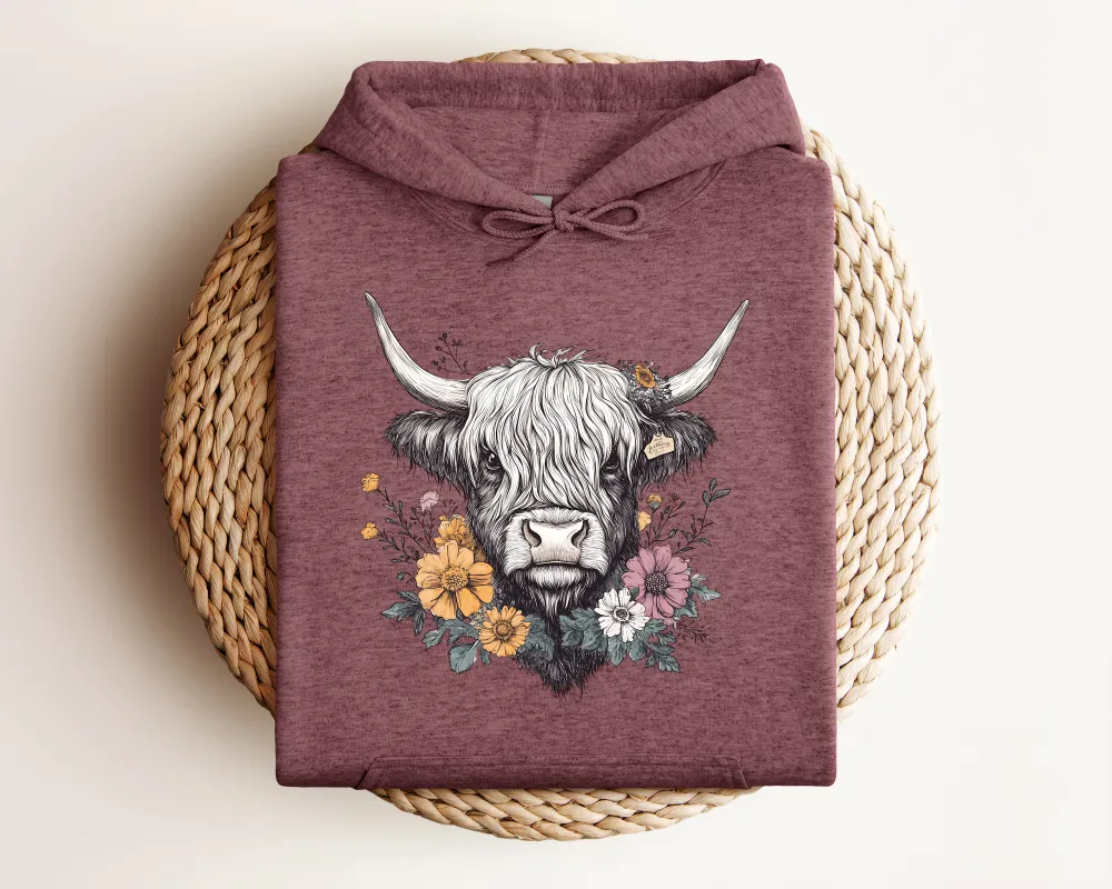 Highland Cow Floral Graphic Pullover Hoodie