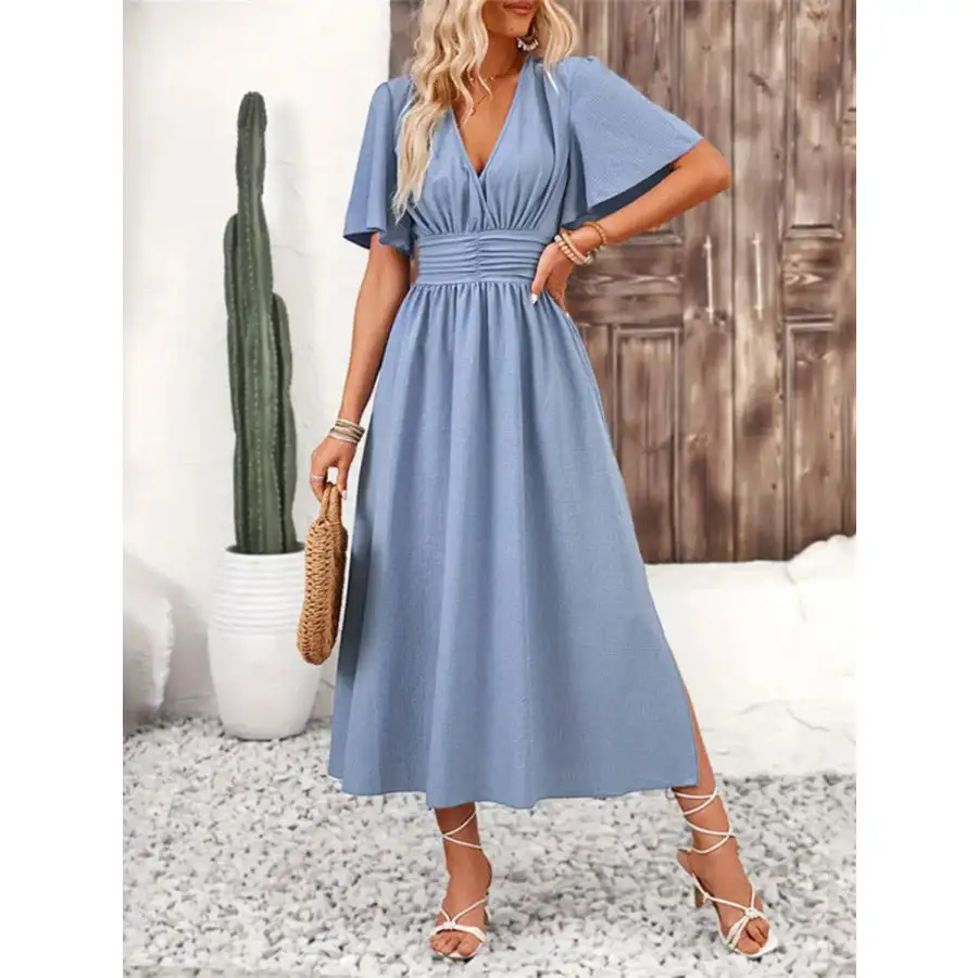 Side Slit Surplice Flutter Sleeve Midi Dress