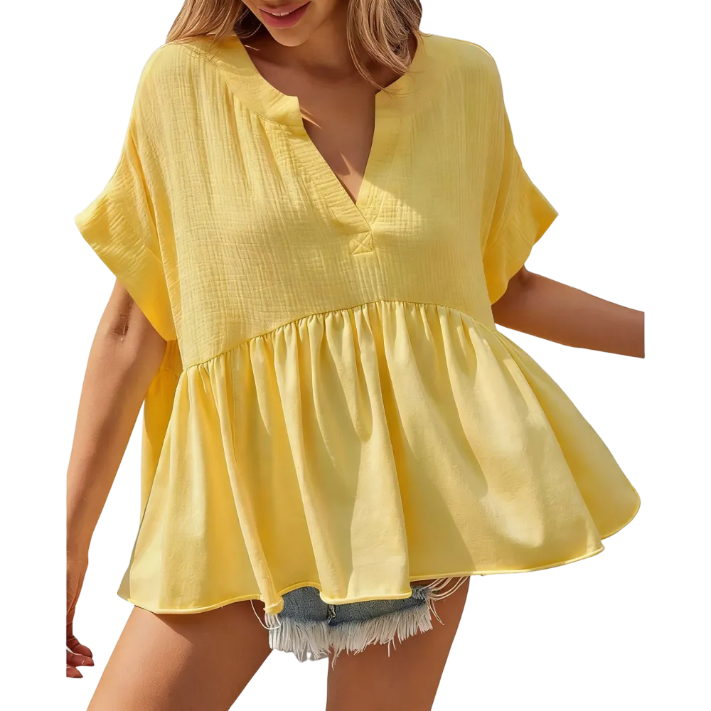 🔥 Women's Summer V-Neck Babydoll Tops | Short Sleeve Pleated Flowy Blouse