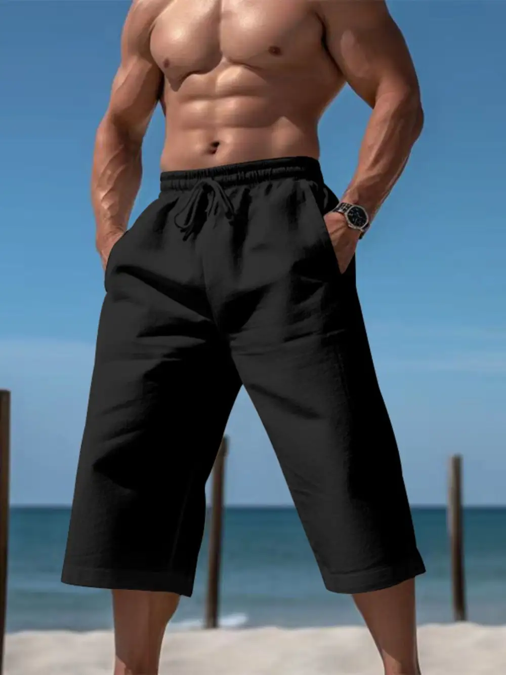 Men's Full Size Casual Drawstring Cropped Pants Plus
