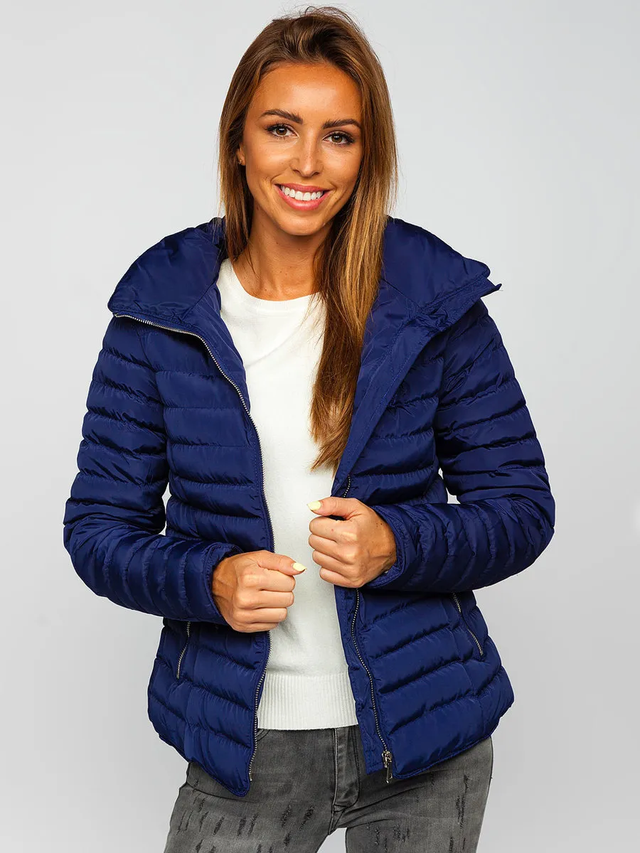 dark blue women's quilted winter jacket without hood