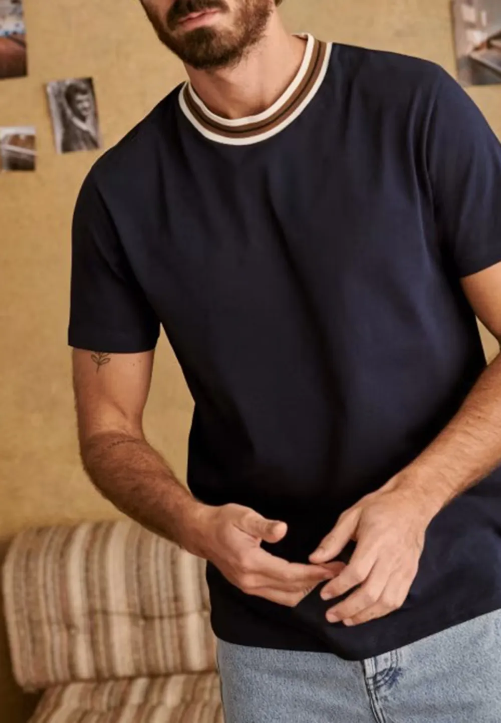 Navy Brown Trim Crew Neck Cotton T-Shirt