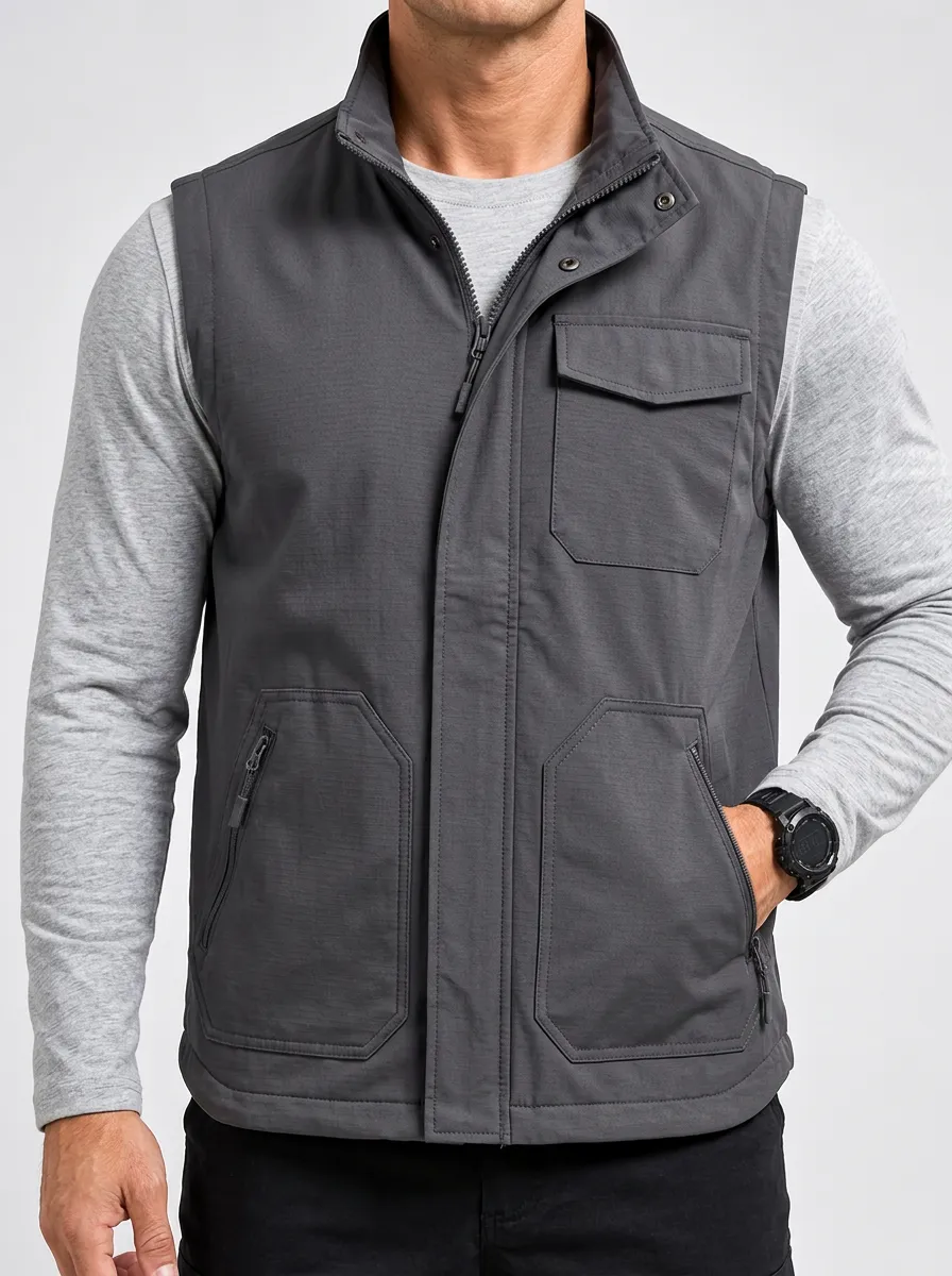 Men's Sleeveless Utility Pocket Zip-Front Layering Jacket