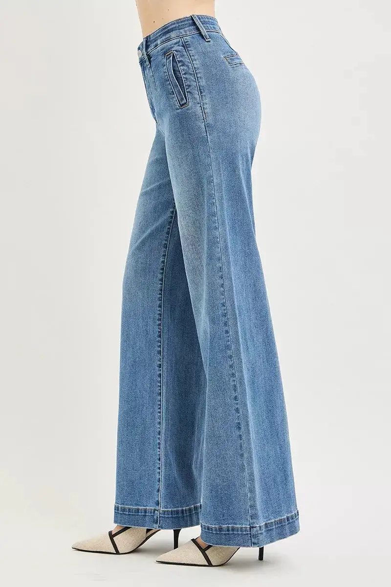 High Rise Elastic Waist Wide Leg Jeans