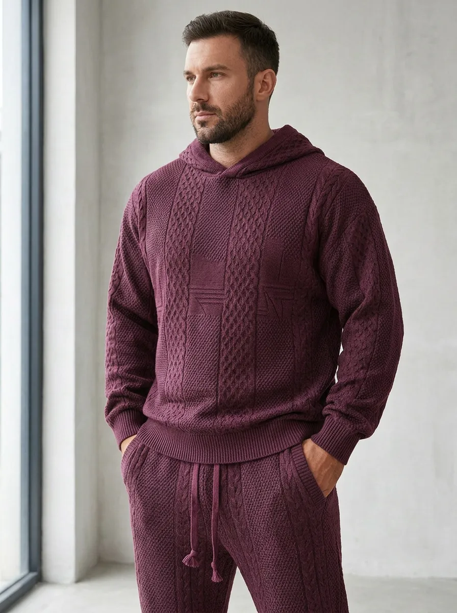 Refined Cable-Knit Men's Knit Hoodie Jogger Set