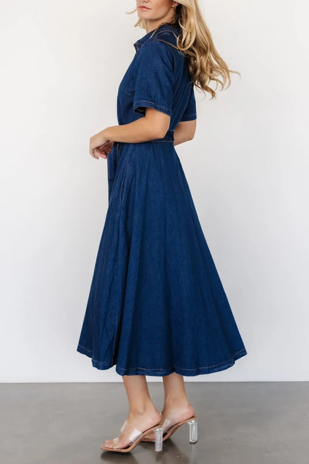 Minimalist Vintage Denim Blue Belt High Waist Dress