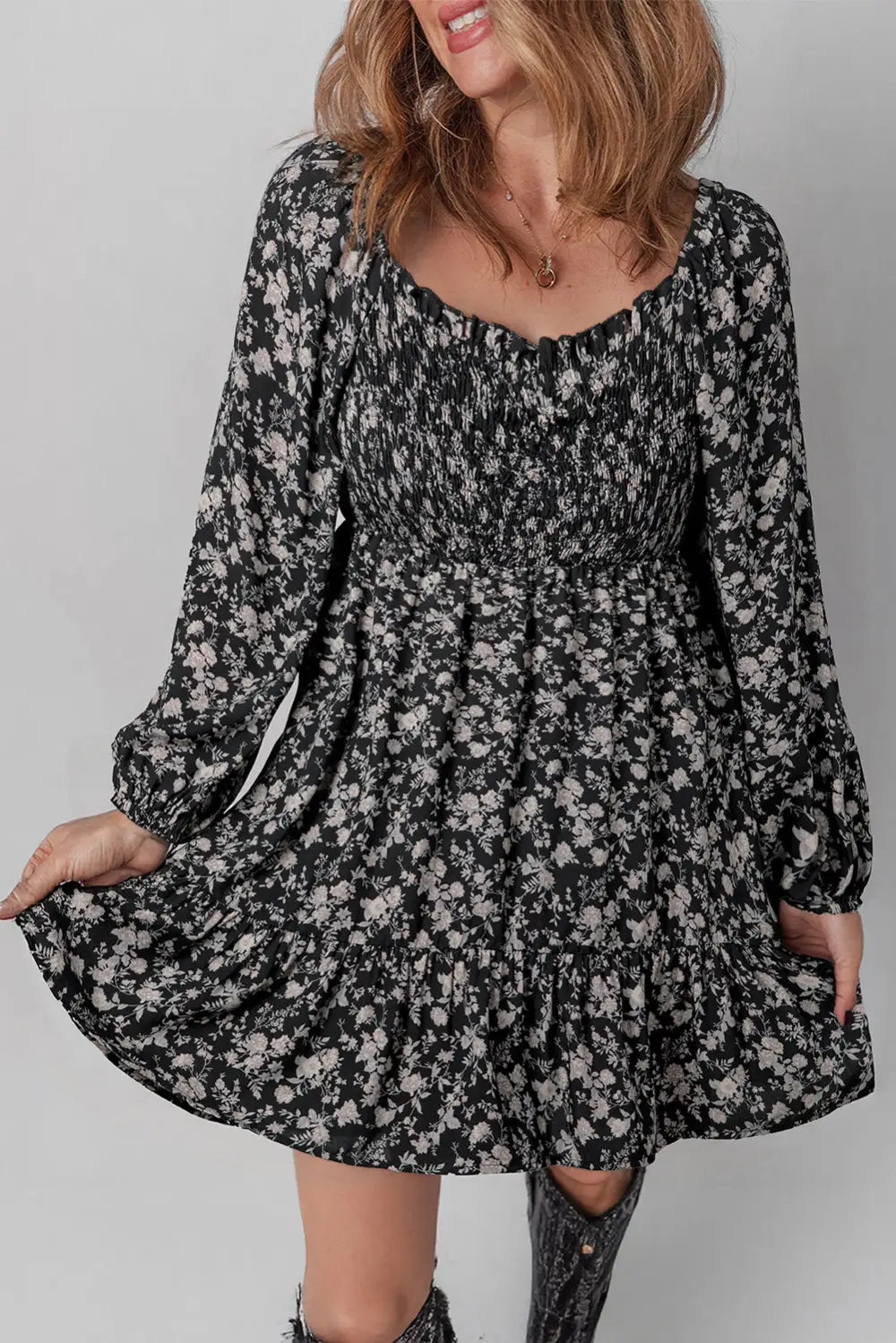 Floral Square Neck Ruffle Mini Dress