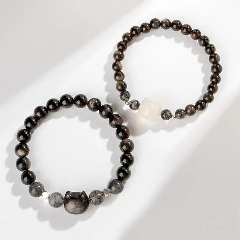 Natural Obsidian Cute Cat Head Bracelet