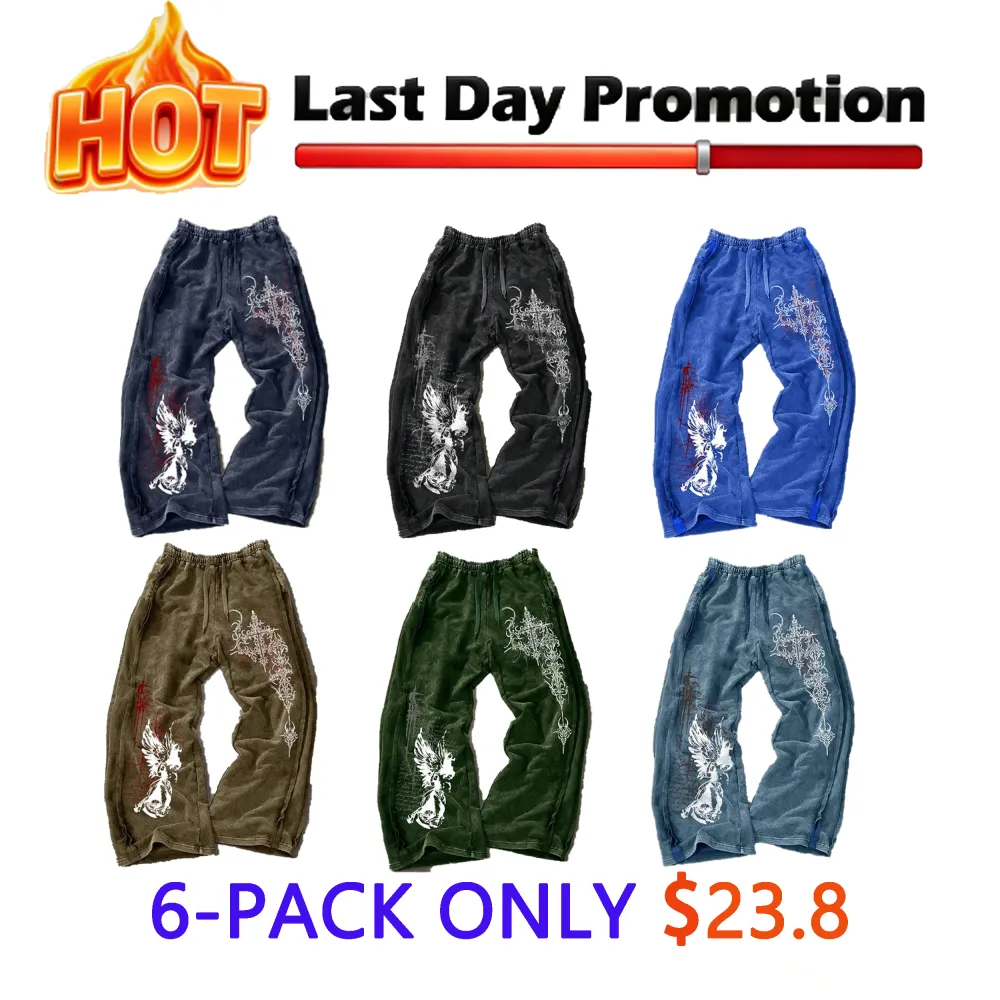 Men's Washed Cotton Sweatpants with Side Stitching, Gothic Pattern, Comfortable Casual Pants for Daily Wear