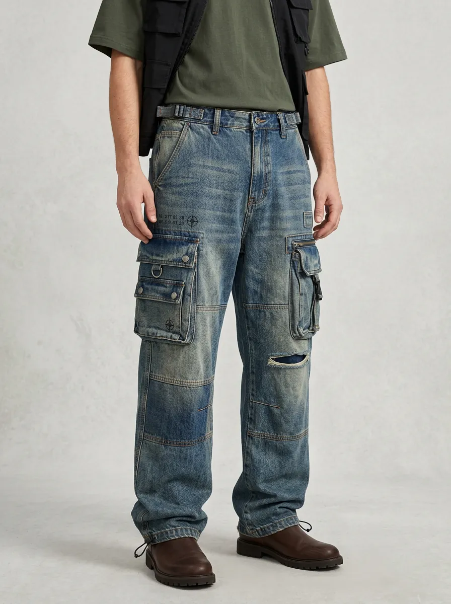 Men's Mid-Blue Graphic Detail Webbing Belt Straight-Leg Denim Cargo Pants