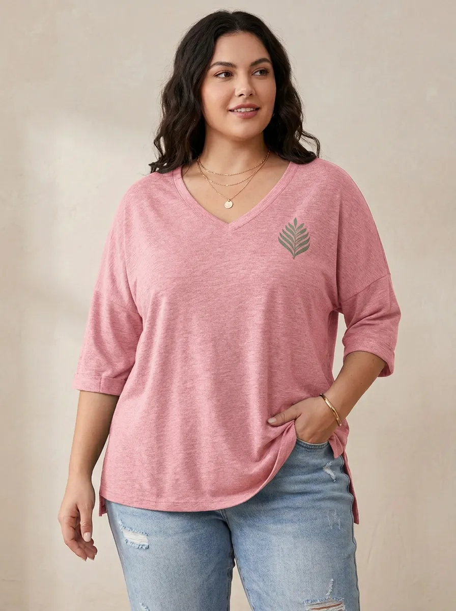 Women's Plus Size Minimalist Leaf Printed V-Neck Loose T-Shirt