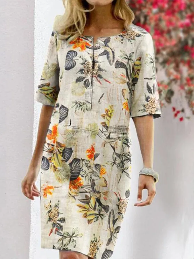 Women's Printed Split Round Neck Half Sleeve Vintage Dress