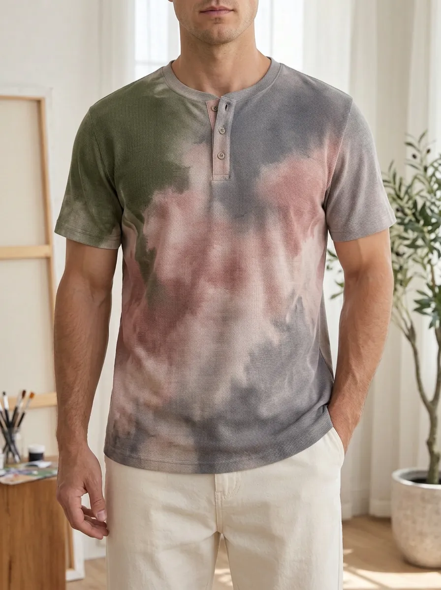 Men's Tie-Dye Waffle Knit Button Henley Printed T-shirt