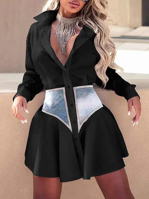 Long Sleeve Split Side Lapel Collar Mini Dress