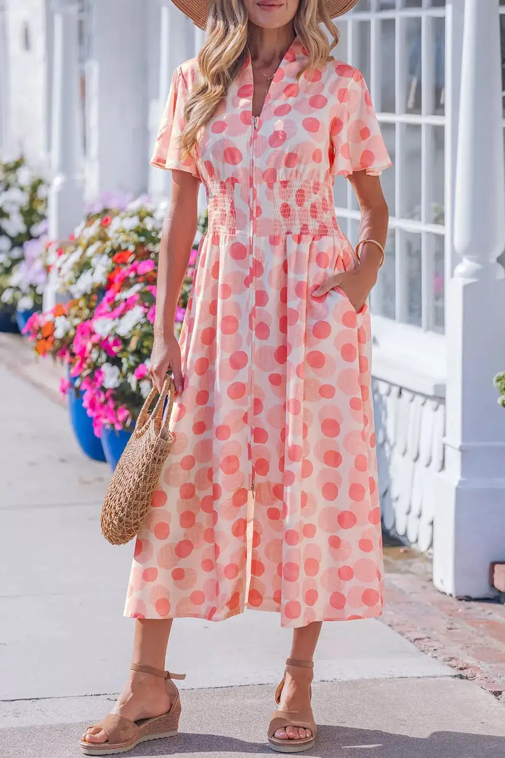 Polka Polka Dot Puff Sleeve Midi Dress