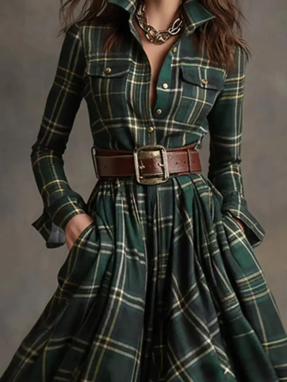 Smooth Finish Plaid Button Front Maxi Dress