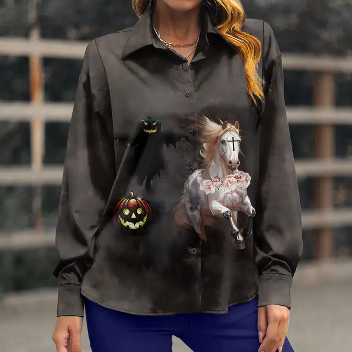 Women's Halloween  Horses Print Long Sleeve Lifestyle Casual Button Shirt