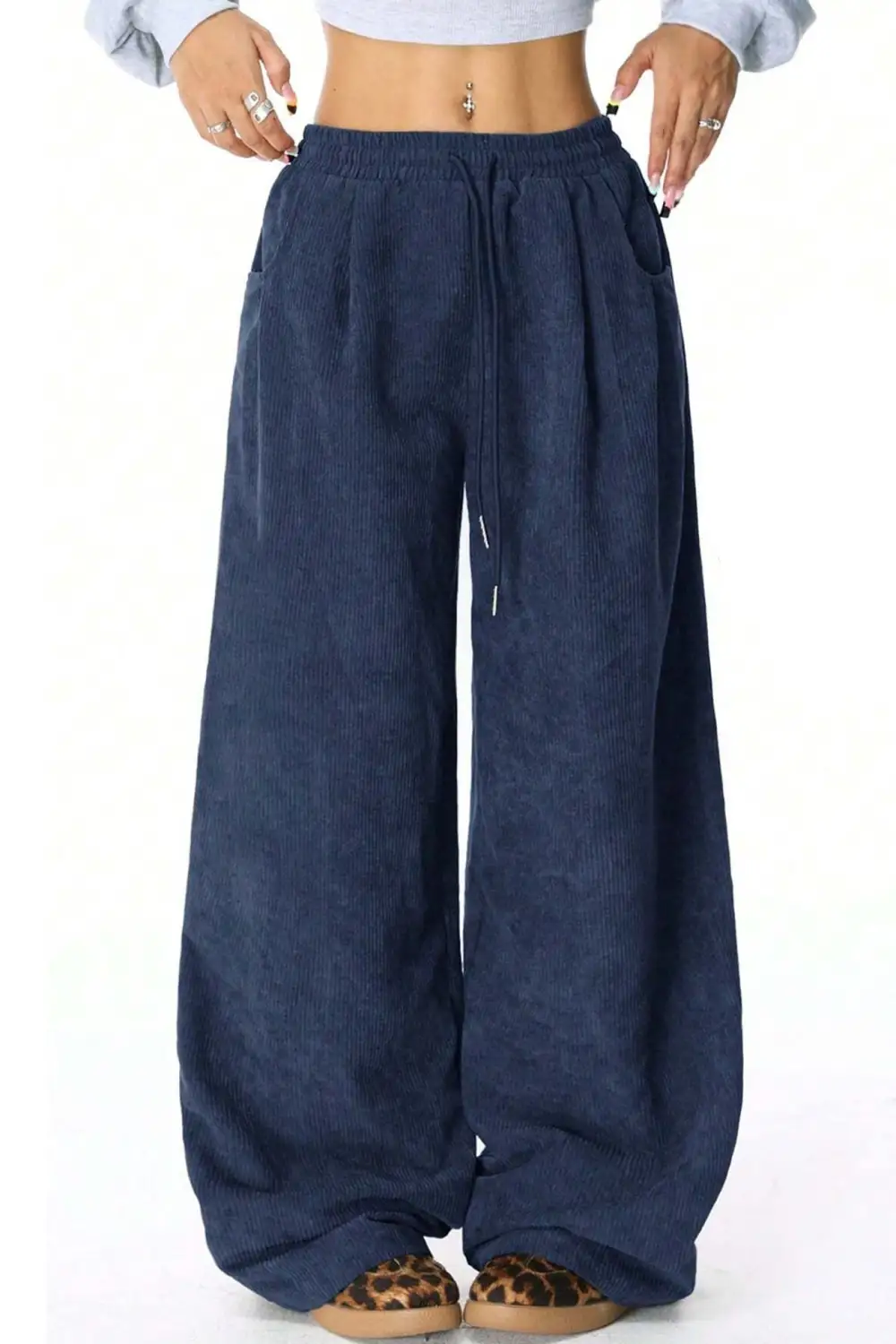 Relaxed Drawstring Wide Leg Flannel Pants