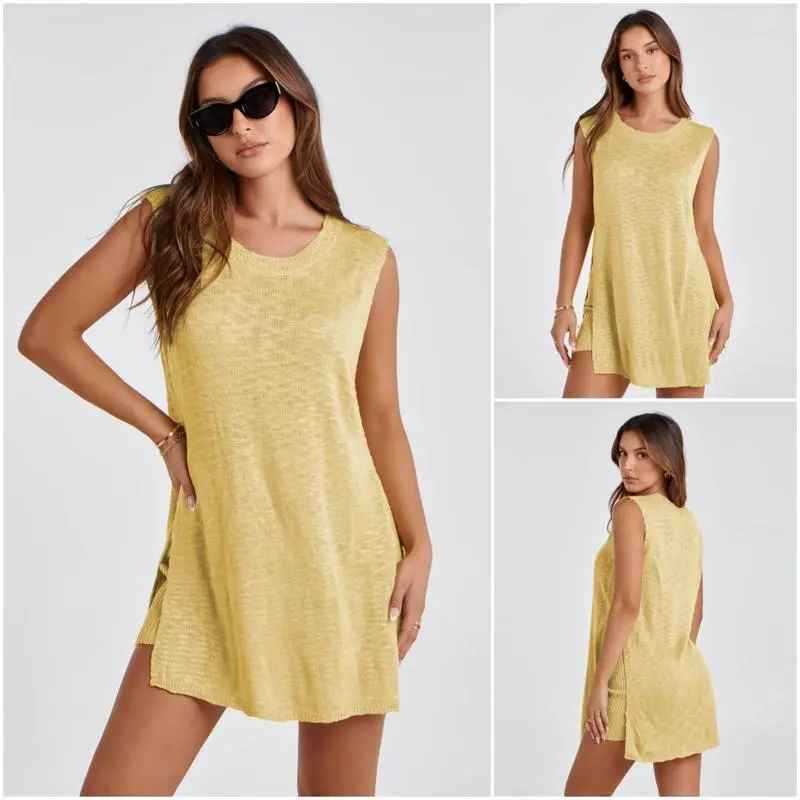 Women's  2 Piece Outfits Summer Knit Sweater Set Sleeveless  Tunic  Top Matching Shorts Trendy Beach Vacation Sets