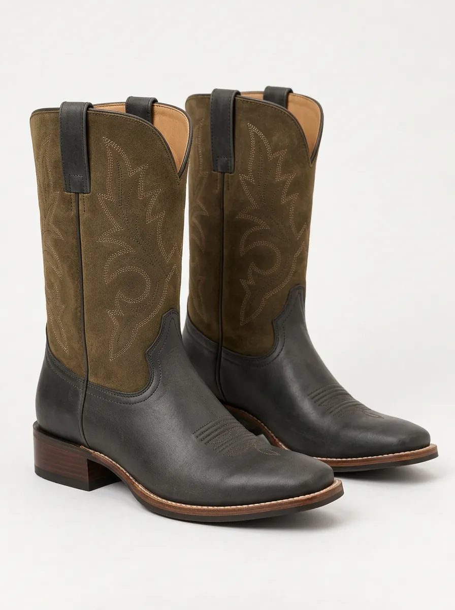 Unisex Olive Suede and Leather Western Boots with Embroidery