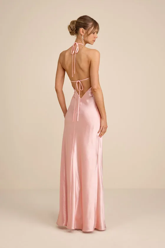 Magnificence Blue Satin Backless Halter Maxi Dress