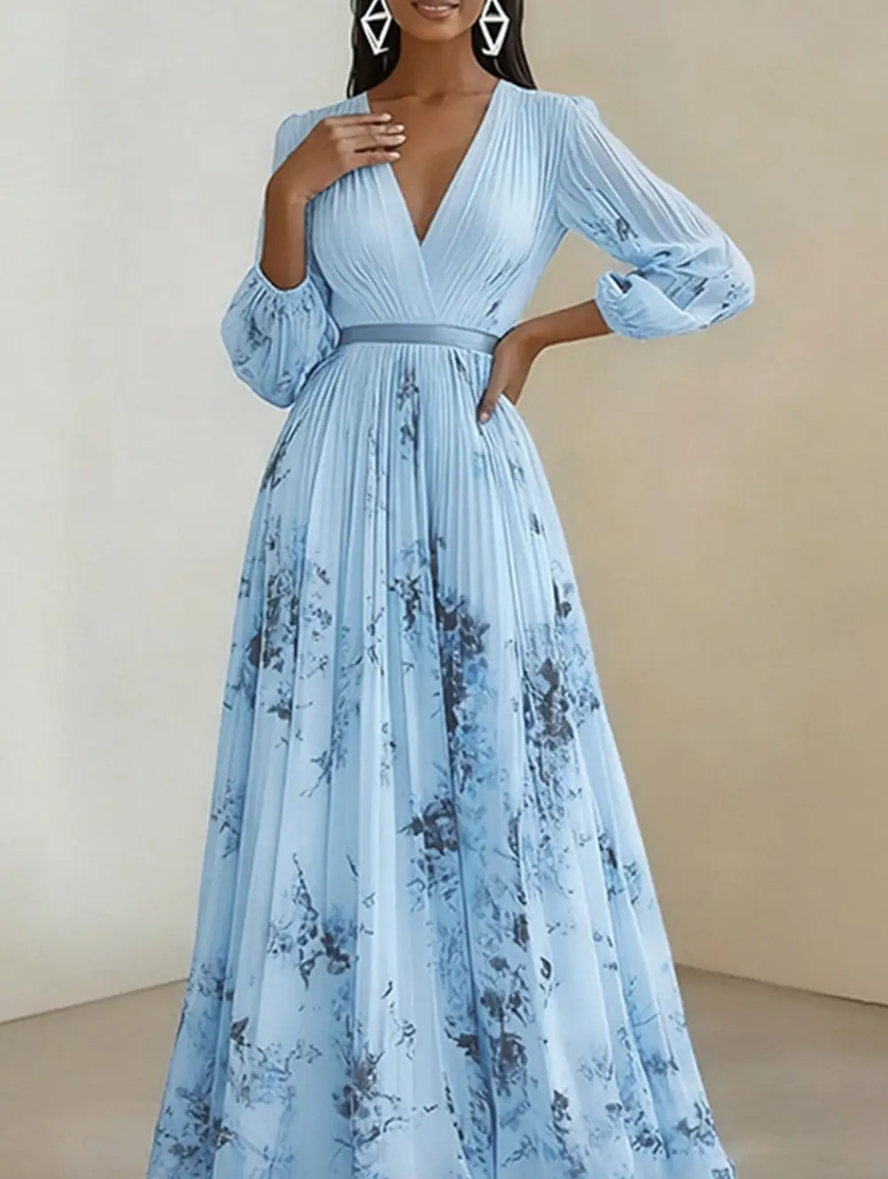V-Neck Pleated Printed Slim Maxi Dress
