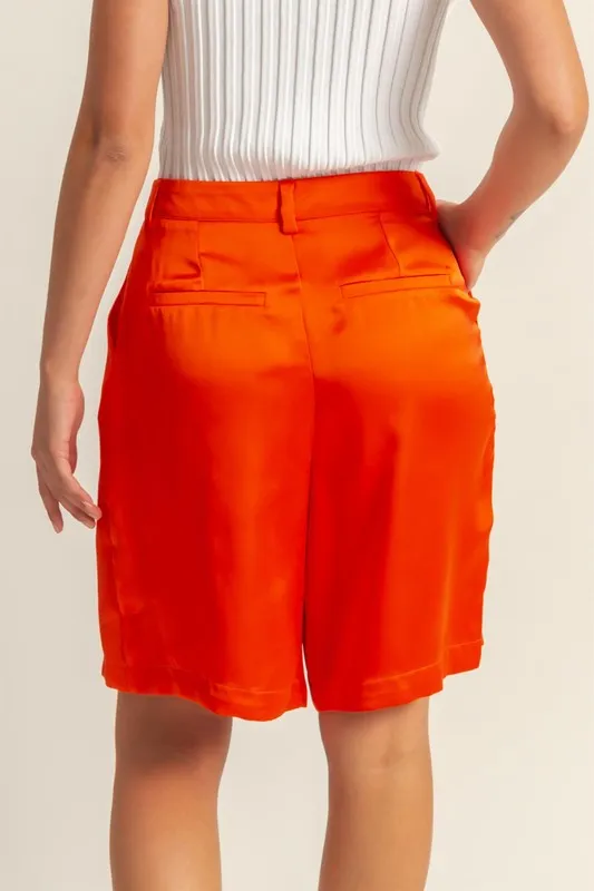 Casual High-Waist Pleated Satin Shorts