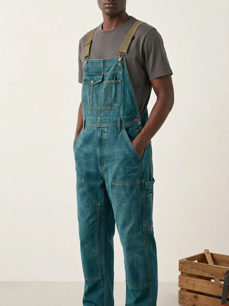 Men's Vintage Workwear Olive Green Washed Cotton Overalls