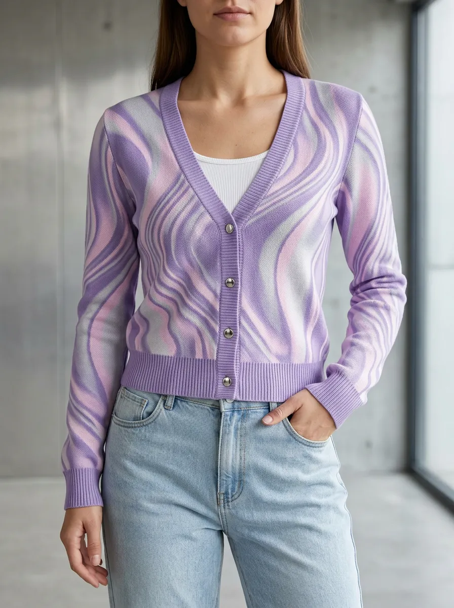 Women's Swirl Pattern Printed V-Neck Relaxed Layering Cardigan