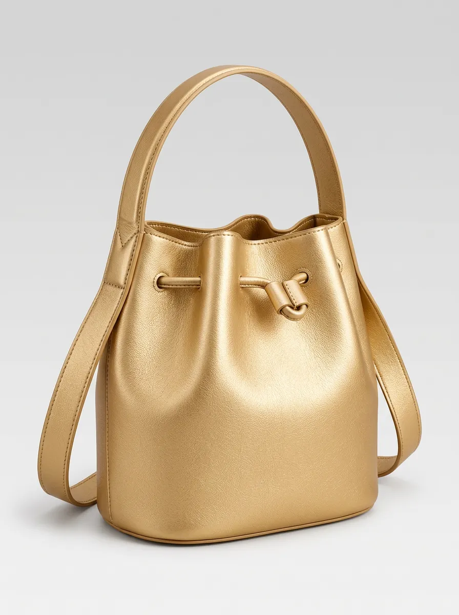 Women's Minimal Metallic Bucket Purse with Metallic Gold Finish