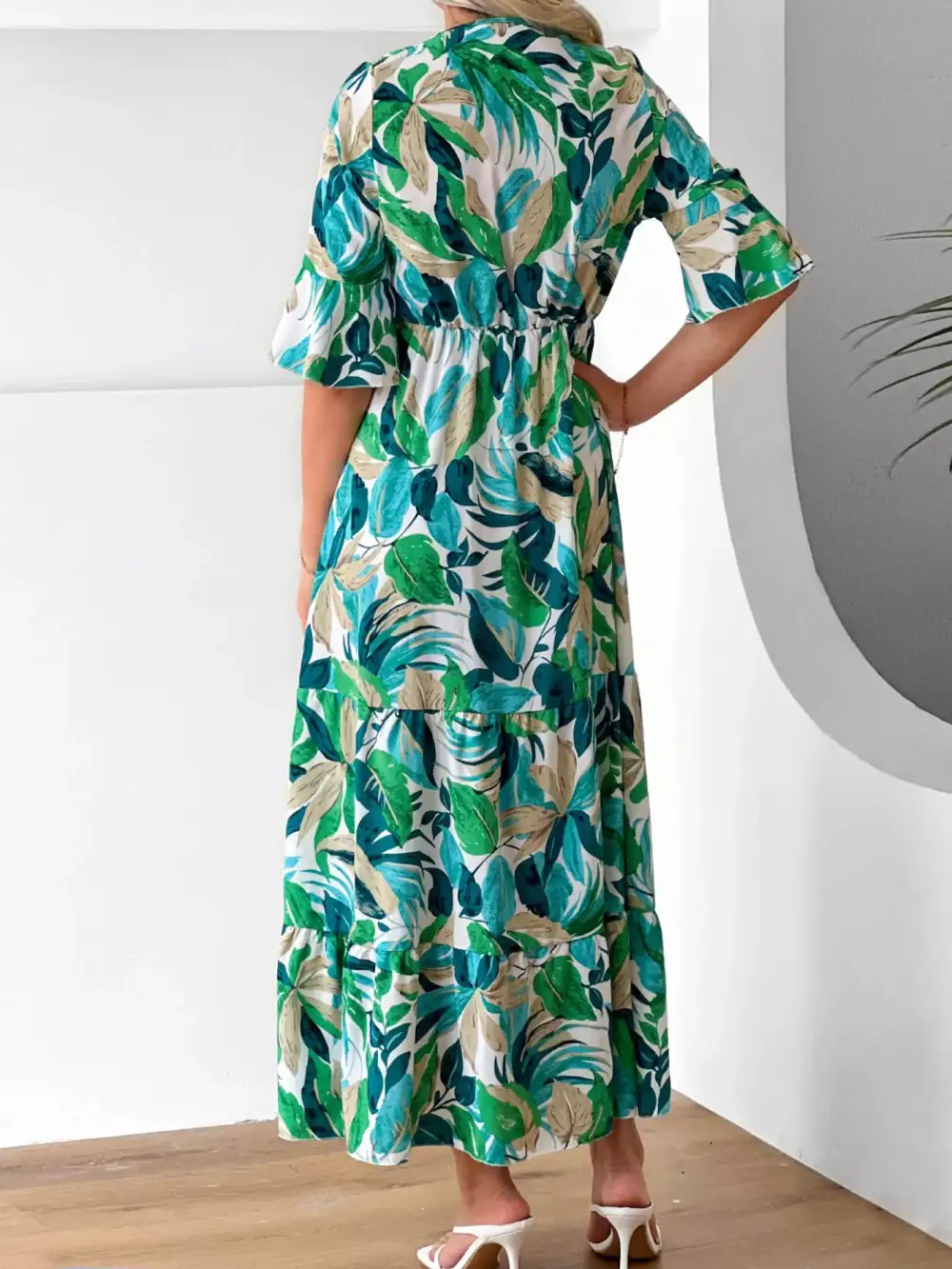 Leaf Print Tiered Midi Dress
