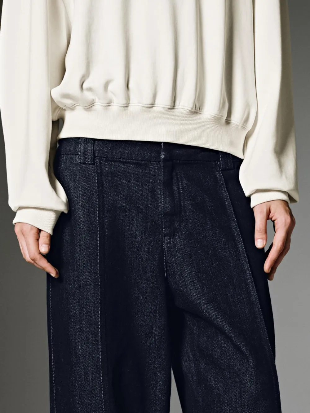 Ladies' Dark Blue Retro-Style Wide-Leg Denim Trousers