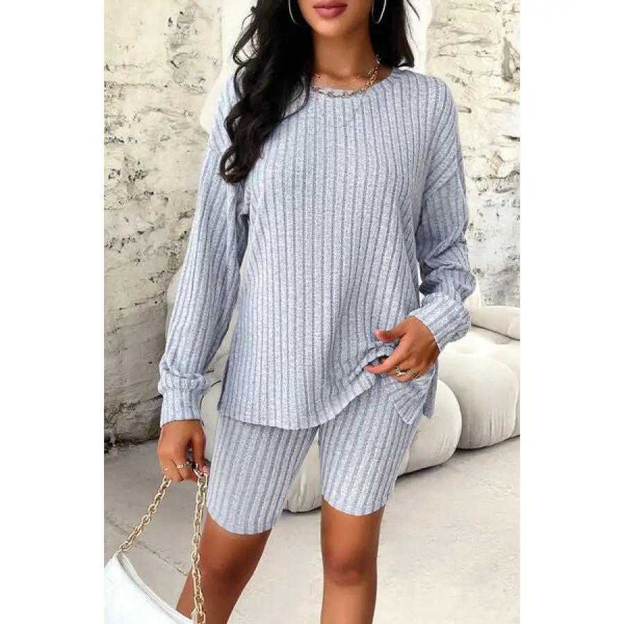 Ribbed Round Neck Dropped Shoulder Top and Shorts Set