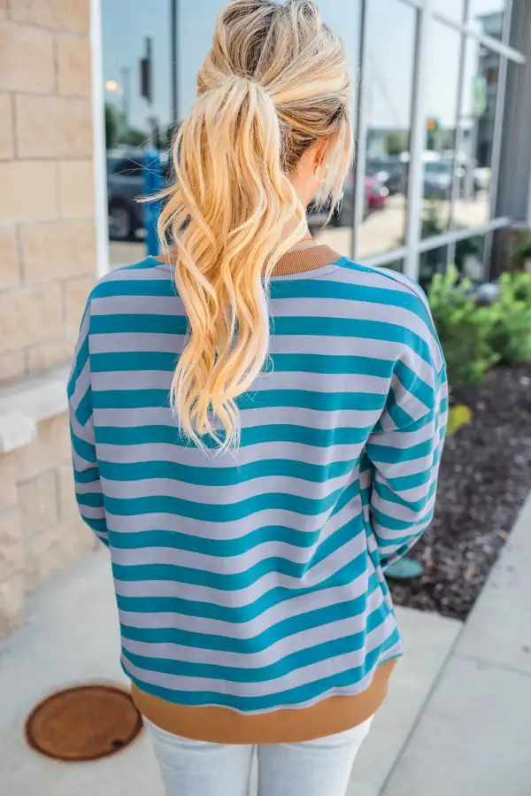 Striped Ribbed Drop Shoulder Crewneck Sweatshirt