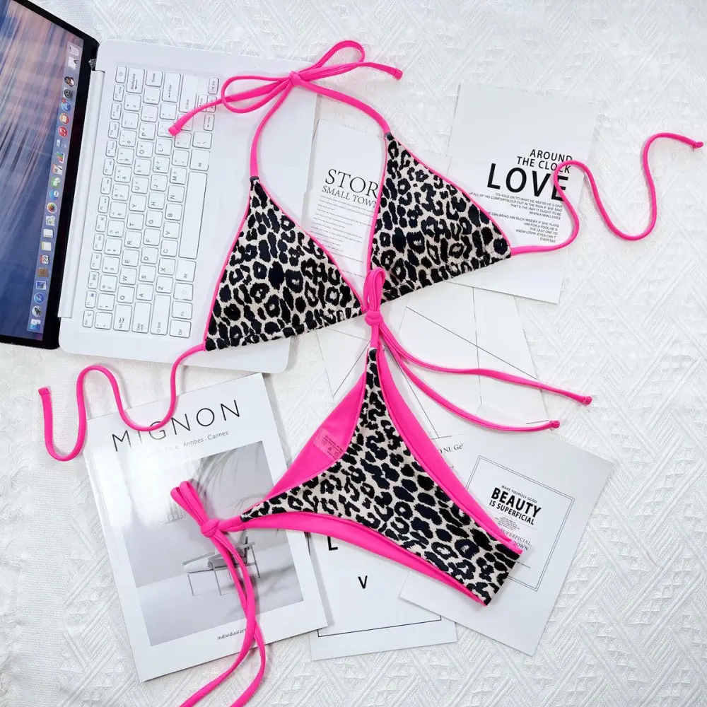 Leopard Print Halter Neck Tie Bikini Swim Set