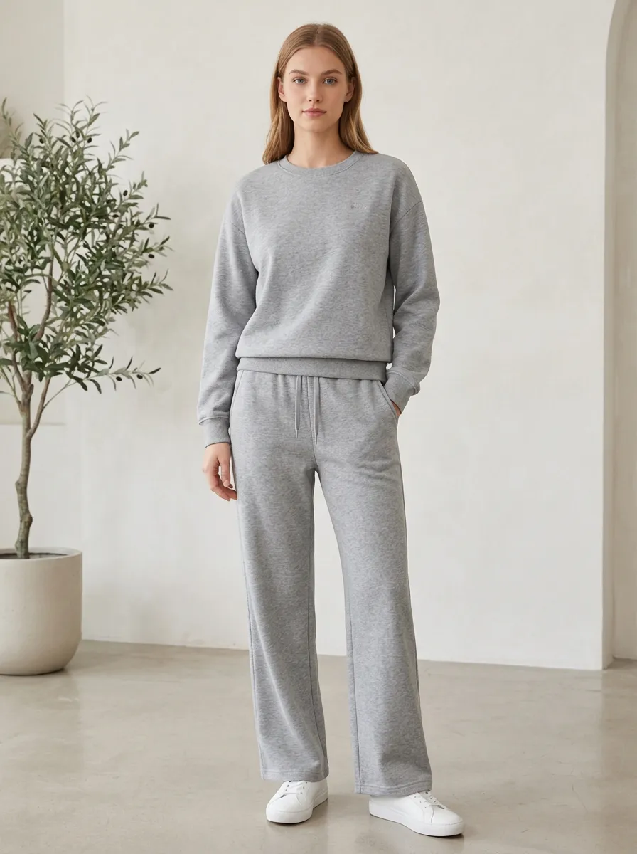 Women's Casual Loungewear Grey Solid Color Printed Sweatshirt and Pants Set